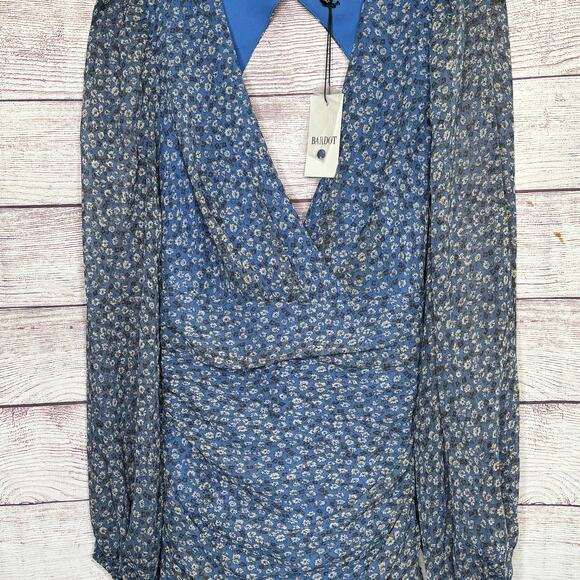 Bardot Blue Girly Ditsy Floral Ruched Open Back Mini Dress Size Large New - Picture 6 of 11